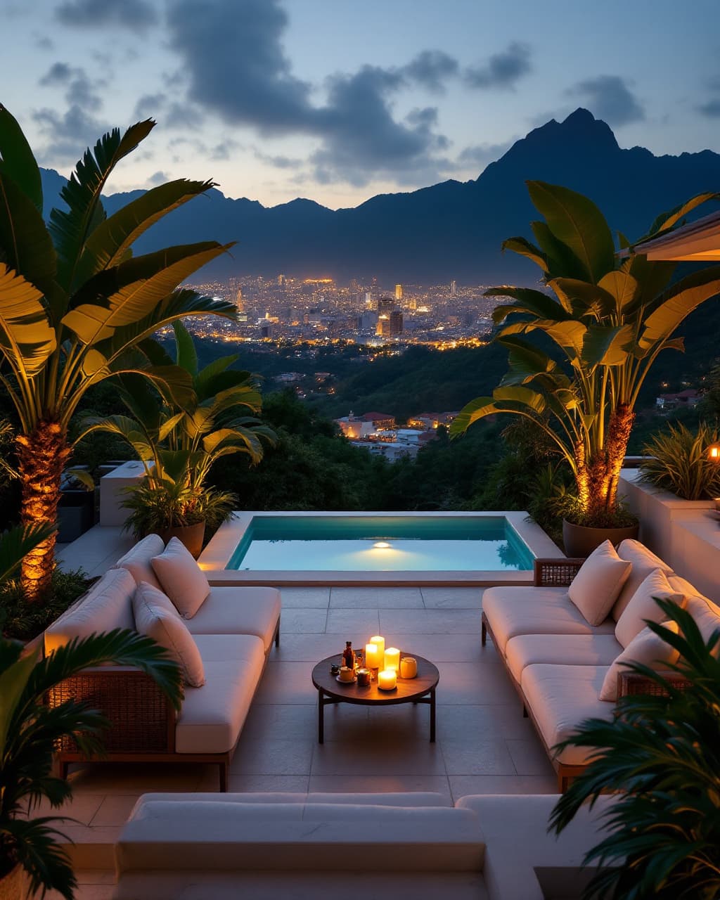 Terraza de un hotel boutique en Medellín al anochecer